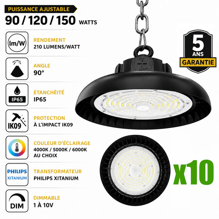 Pack de 10x Lampes industrielles UFO - Série AVENIR V2 - Puissance ajustable 90/120/150 Watts - 31 500 Lumens - 210 Lumens/Watt - Angle 90° - IP65 - IK09 - 300 x 110 mm - Dimmable 1-10V - Transformateur PHILIPS - Garantie 5 ans