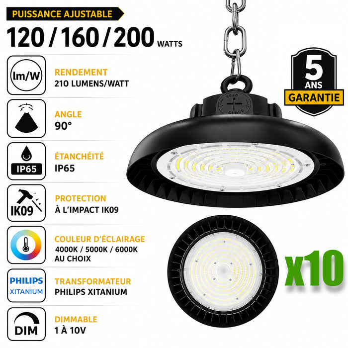 Pack de 10x Lampes industrielles UFO - Série AVENIR V2 - Puissance ajustable 120 / 160 / 200 Watts  - 42 000 Lumens - 210 Lumens/Watt - Angle 90° - IP65 - IK09 - 340 x 110 mm - Dimmable 1-10V - Transformateur PHILIPS - Garantie 5 ans