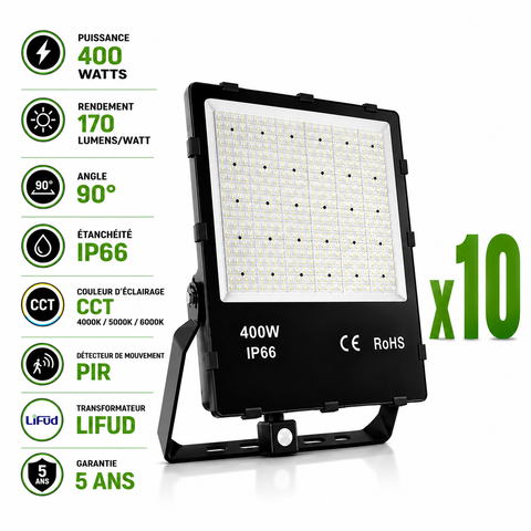 Pack de 10x Projecteurs détecteurs hautes puissances LED filaires - Série CITY PLUS SENSOR 400 - CCT - 400 Watts - 68 000 Lumens - 170 Lumens/watt - IP66 - Angle 90° - 45 x 38 x 6 cm - Transformateur LIFUD - Avec détecteur de mouvement - Garantie 5 ans
