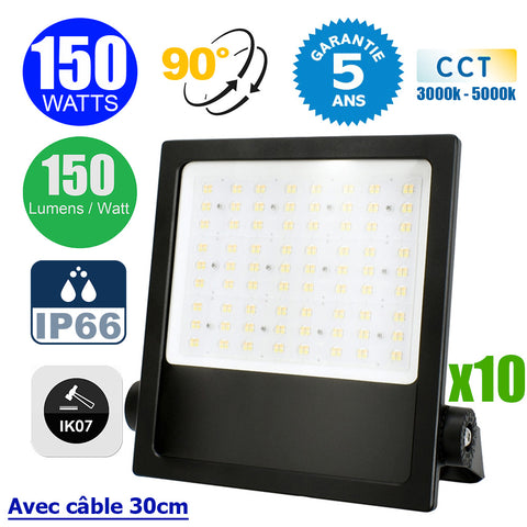 Pack de 10x Projecteurs LED filaires - CITY PLUS V3 - 150 Watts - CCT 3000k/4000k/5000k - 22 500 Lumens - 150 Lumens/Watt - Angle 90° - IP66 - Protection à l'impact IK07 - 34 x 29 x 6 cm - Structure en ALUMINIUM - Câble 30cm - Garantie 5 ans