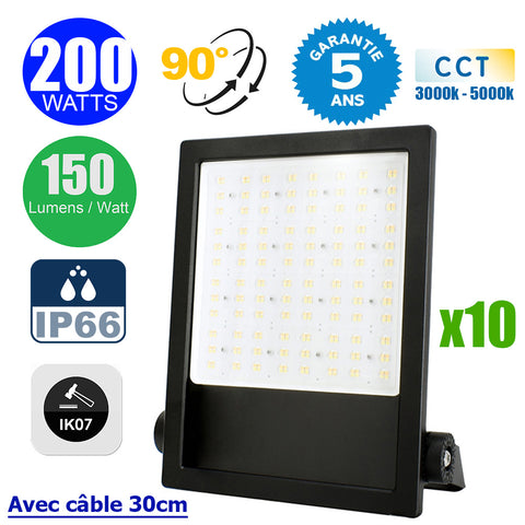 Pack de 10x Projecteurs LED filaires - CITY PLUS V3 - 200 Watts - CCT 3000k/4000k/5000k - 30 000 Lumens - 150 Lumens/Watt - Angle 90° - IP66 - Protection à l'impact IK07 - 41 x 29 x 6 cm - Structure en ALUMINIUM - Câble 30cm - Garantie 5 ans