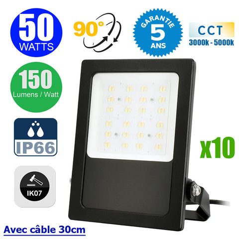 Pack de 10x Projecteurs LED filaires - CITY PLUS V3 - 50 Watts - CCT 3000k/4000k/5000k - 7500 Lumens - 150 Lumens/Watt - Angle 90° - IP66 - Protection à l'impact IK07 - 28 x 20 x 5 cm - Structure en ALUMINIUM - Câble 30cm - Garantie 5 ans