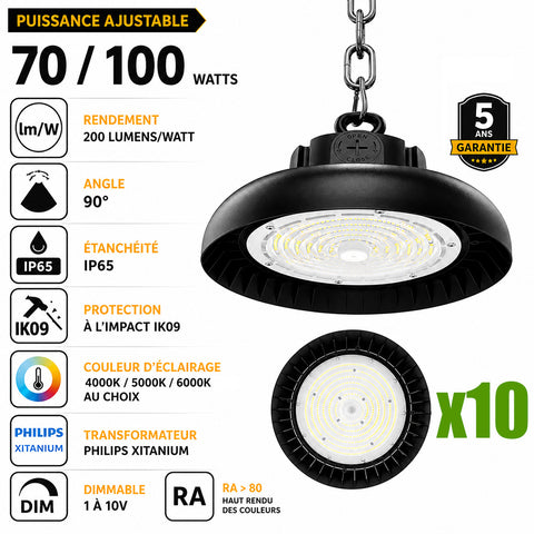 Pack de 10x Lampes industrielles UFO - Série CROSSOVER V3 - Puissance ajustable 70/100 Watts - 20 000 Lumens - 200 Lumens/Watt - Angle 90° - IP65 - IK09 - 255 x 110 mm - 4000k/5000k/6000k au choix - Dimmable 1-10V - Transformateur PHILIPS - Garantie 5 ans
