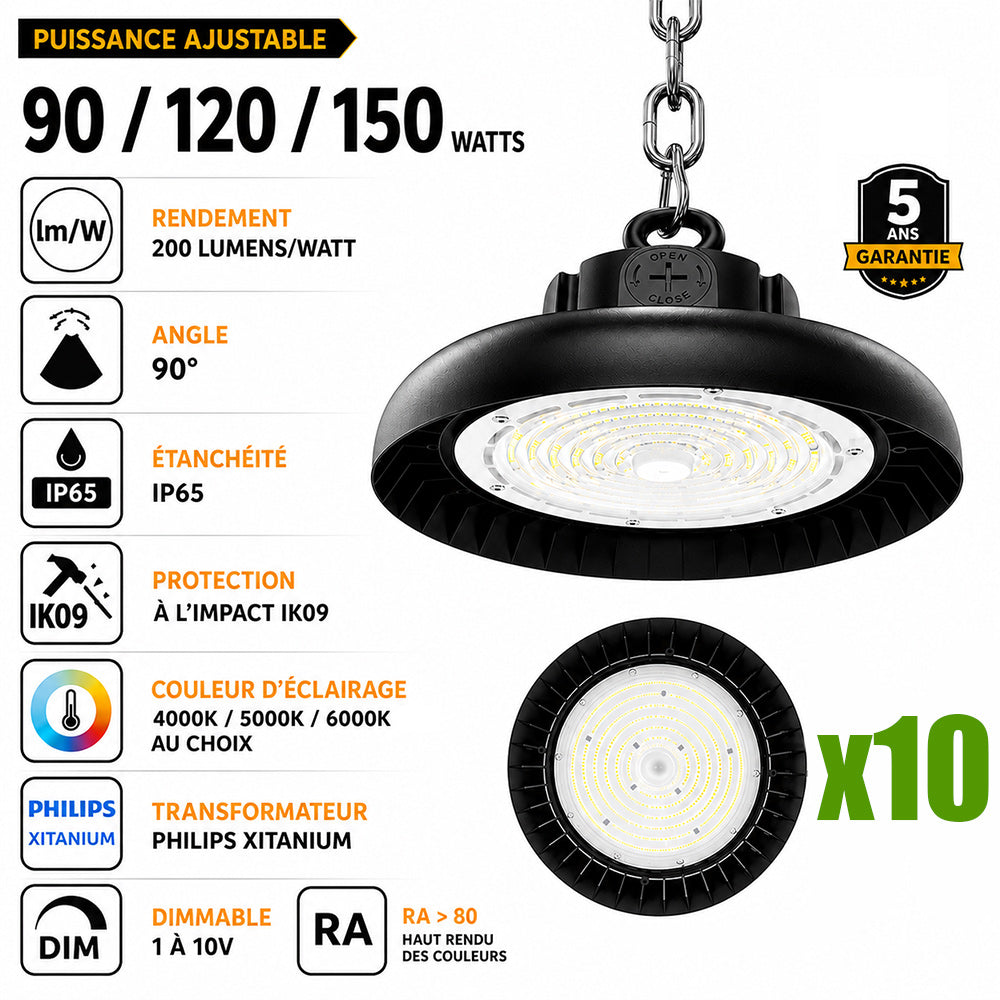 Pack de 10x Lampes industrielles UFO - Série CROSSOVER V3 - Puissance ajustable 90/120/150 Watts - 30 000 Lumens - 200 Lumens/Watt - Angle 90° - IP65 - IK09 - 300 x 110mm - Dimmable 1-10V - Transformateur PHILIPS - Garantie 5 ans