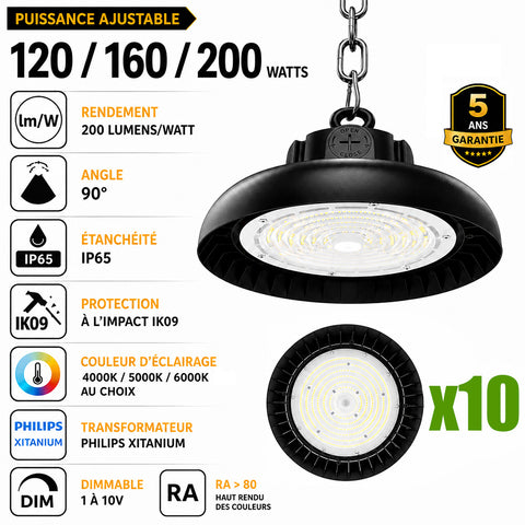Pack de 10x Lampes industrielles UFO - Série CROSSOVER V3 - Puissance ajustable 120/160/200 Watts - 40 000 Lumens - 200 Lumens/Watt - Angle 90° - IP65 - IK09 - Dimmable 1-10V - Transformateur PHILIPS - Garantie 5 ans