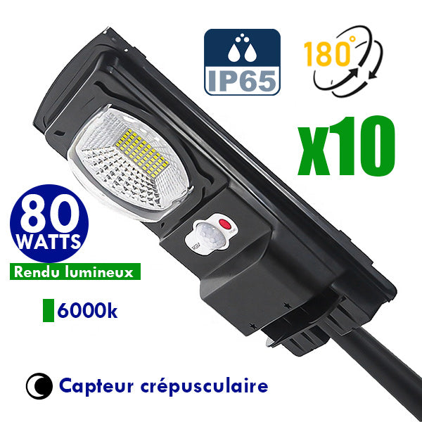 Pack de 10x Lampes de rue solaires - Série CYCLOPE - Rendu lumineux 80 Watts - Angle éclairage 180 ° - IP65 - 25 x 14 x 4 cm - Avec capteur crépusculaire – Support mural intégré – Couleur 6000K