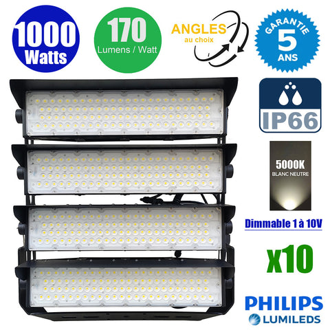 Pack de 10x Projecteurs de stade filaires - Série EVASION V2 - 1000 Watts - 170 000 Lumens - 170 Lumens/Watt - Angle 20° / 40° / 60° / 90° au choix - IP66 - 63 x 59 x 24 cm - Transformateur PHILIPS Xitanium - 5000k - Dimmable 1-10V - Garantie 5 ans