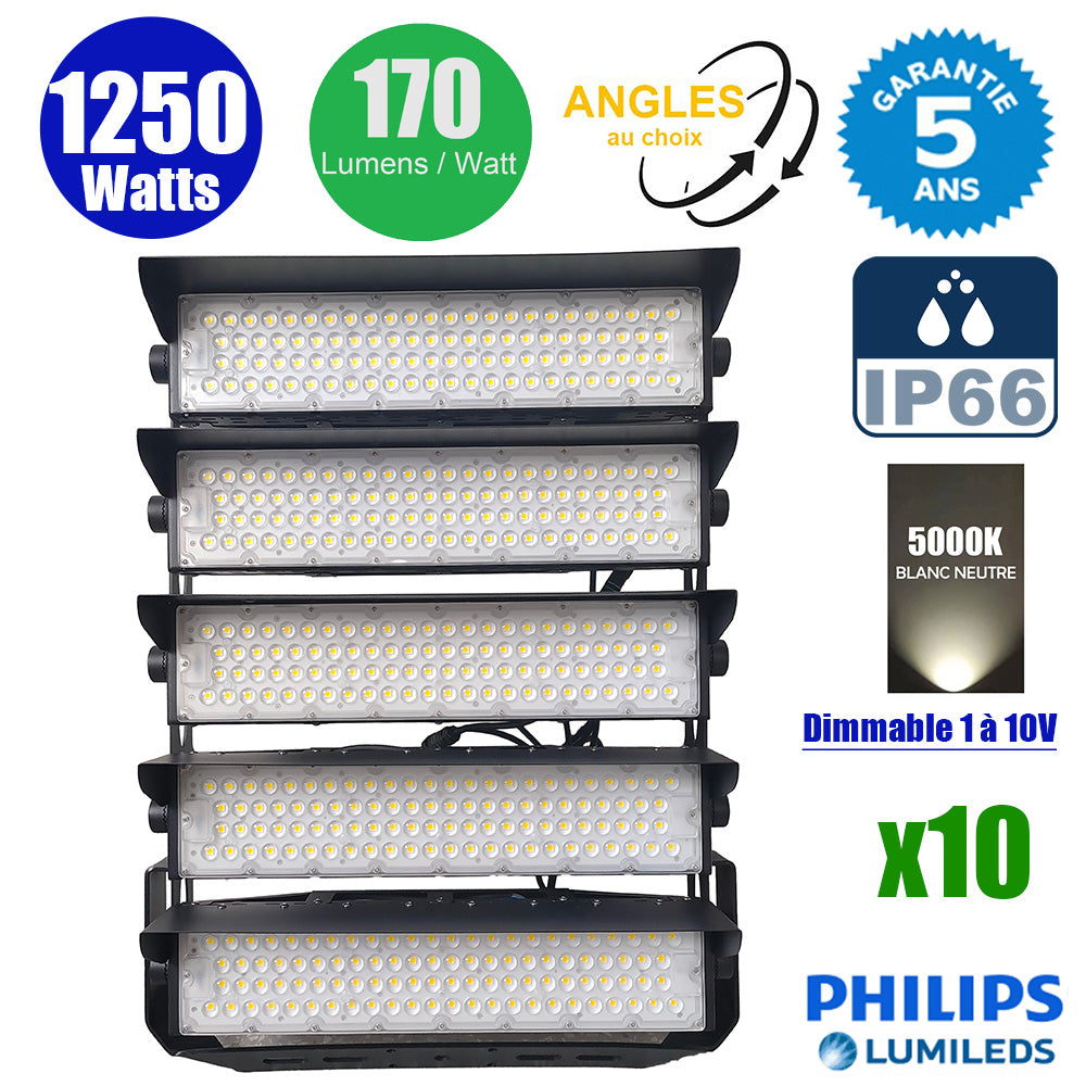 Pack de 10x Projecteurs de stade filaires - Série EVASION V2 - 1250 Watts - 212 500 Lumens - 170 Lumens/Watt - Angle 20° / 40° / 60° / 90° au choix - IP66 - 63 x 75 x 24 cm - Transformateur PHILIPS Xitanium - 5000k - Dimmable 1-10V - Garantie 5 ans