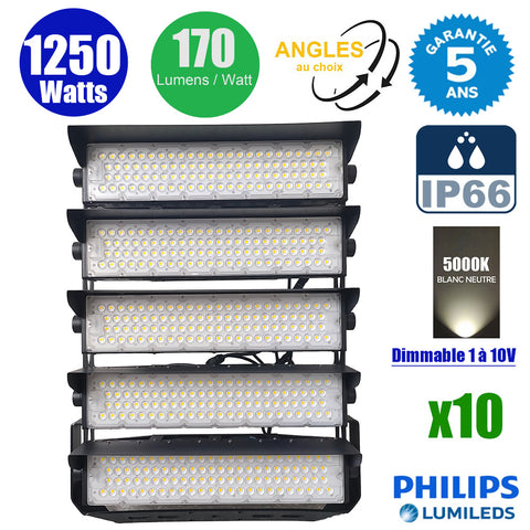 Pack de 10x Projecteurs de stade filaires - Série EVASION V2 - 1250 Watts - 212 500 Lumens - 170 Lumens/Watt - Angle 20° / 40° / 60° / 90° au choix - IP66 - 63 x 75 x 24 cm - Transformateur PHILIPS Xitanium - 5000k - Dimmable 1-10V - Garantie 5 ans