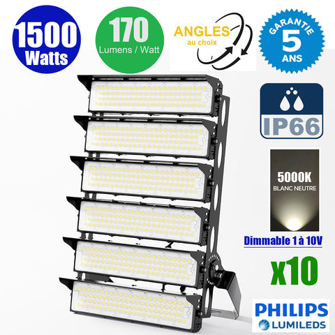 Pack de 10x Projecteurs de stade filaires - Série EVASION V2 - 1500 Watts - 255 000 Lumens - 170 Lumens/Watt - Angle 20° / 40° / 60° / 90° au choix - IP66 - 63 x 90 x 24 cm - Transformateur PHILIPS Xitanium - 5000k - Dimmable 1-10V - Garantie 5 ans