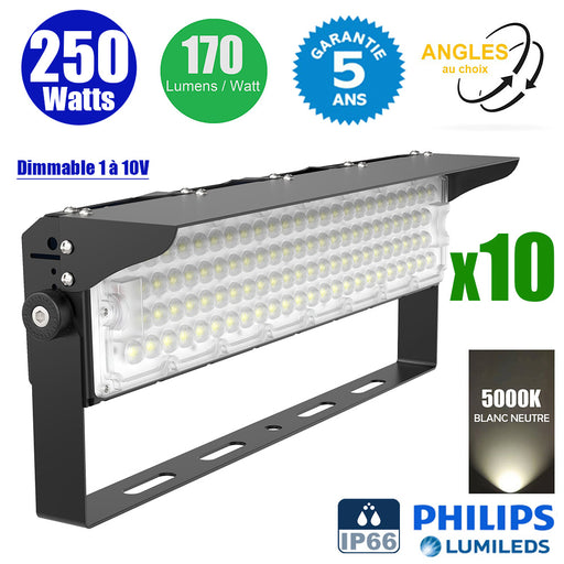 Pack de 10x Projecteurs de stade filaires - Série EVASION V2 - 250 Watts - 42 500 Lumens - 170 Lumens/Watt - Angle 20° / 40° / 60° / 90° au choix - IP66 - 59 x 20 x 19 mm - Transformateur PHILIPS Xitanium - 5000k - Dimmable 1-10V - Garantie 5 ans