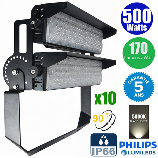 Pack de 10x Projecteurs de stade filaires - Série EVASION V2 - 500 Watts - 85 000 Lumens - 170 Lumens/Watt - Angle 90° - IP66 - 63 x 28 x 24 cm  - Transformateur PHILIPS Xitanium - Garantie 5 ans