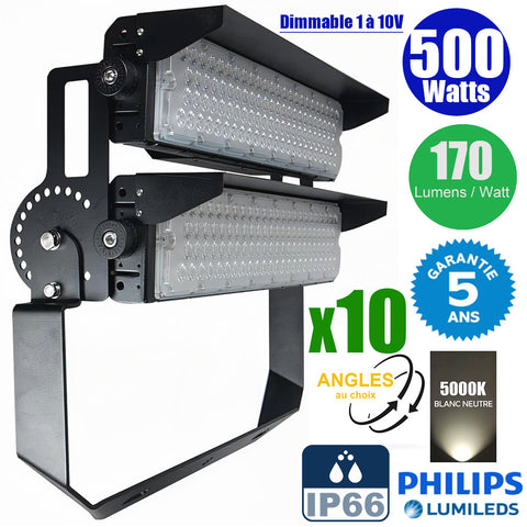 Pack de 10x Projecteurs de stade filaires - Série EVASION V2 - 500 Watts - 85 000 Lumens - 170 Lumens/Watt - Angle 20° / 40° / 60° / 90° au choix - IP66 - 63 x 28 x 24 cm  - Transformateur PHILIPS Xitanium - 5000k - Dimmable 1-10V - Garantie 5 ans