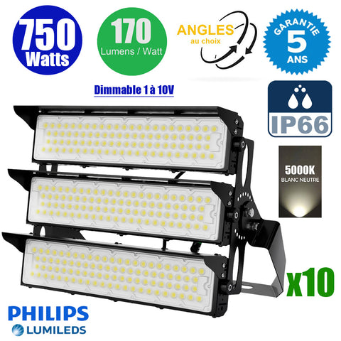 Pack de 10x Projecteurs de stade filaires - Série EVASION V2 - 750 Watts - 127 500 Lumens - 170 Lumens/Watt - Angle 20° / 40° / 60° / 90° au choix - IP66 - 63 x 44 x 24 cm - Transformateur PHILIPS Xitanium - 5000k - Dimmable 1-10V - Garantie 5 ans