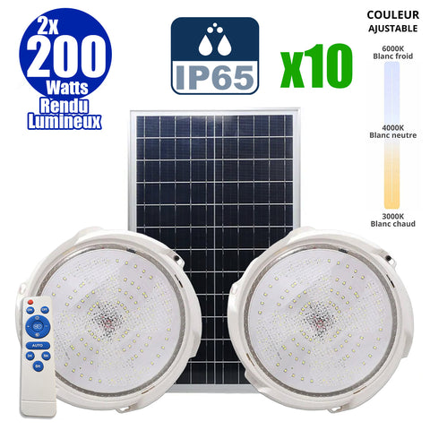 Pack de 10x Doubles Plafonniers LED Solaires CCT (Couleur Changeante en Température ) - Rendu lumineux 200 Watts - Série HOME DOUBLE 200 – 2x 1100 Lumens - Lampe diamètre 36 cm - Panneau solaire 70 x 35 x 2 cm - IP65 - Avec télécommande multifonctions