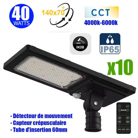 Pack de 10x Lampadaires LED hybrides - Série HYBRID V1 - Solaire & Filaire - CCT - 40 Watts - 6600 Lumens - IP65 - IK08 - Angle 140ºx70° - Panneau MONOCRISTALLIN - Tube d'insertion 60mm - Détecteur de mouvement - Télécommande