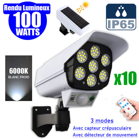 Pack de 10x Projecteurs LED solaires de sécurité - Série ILLUSION – Rendu lumineux 100 Watts - IP65 - 195 x 104 x 90 mm - 3 modes - Télécommande - Avec détecteur de mouvement – Fonction détection 0-100% - Avec capteur crépusculaire - 6000k