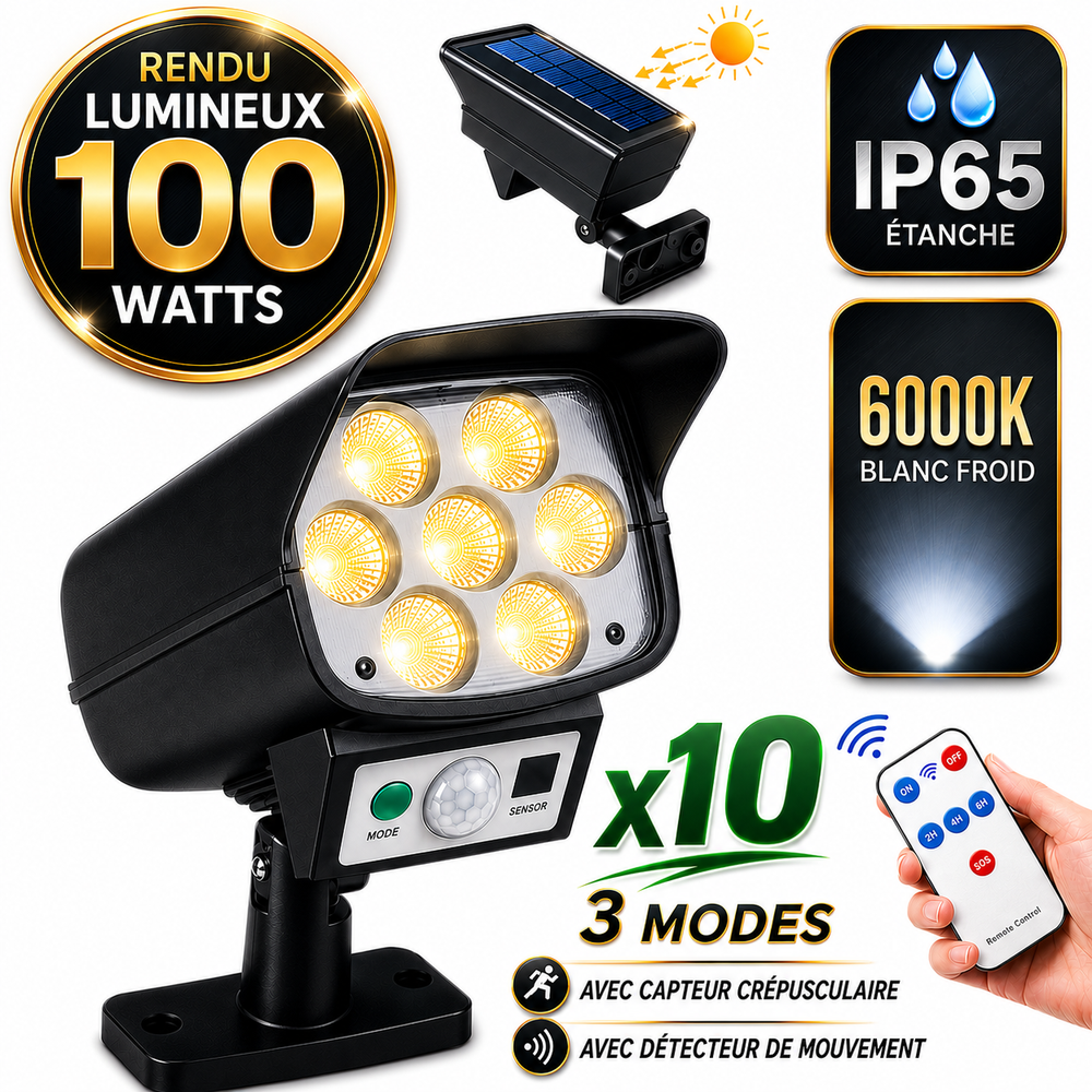 Pack de 10x Projecteurs LED solaires de sécurité - Série ILLUSION BLACK – Rendu lumineux 100 Watts - IP65 - 16 x 15 x 9 cm - 3 modes - Télécommande - Avec détecteur de mouvement – Fonction détection 0-100% - Avec capteur crépusculaire - 6000k