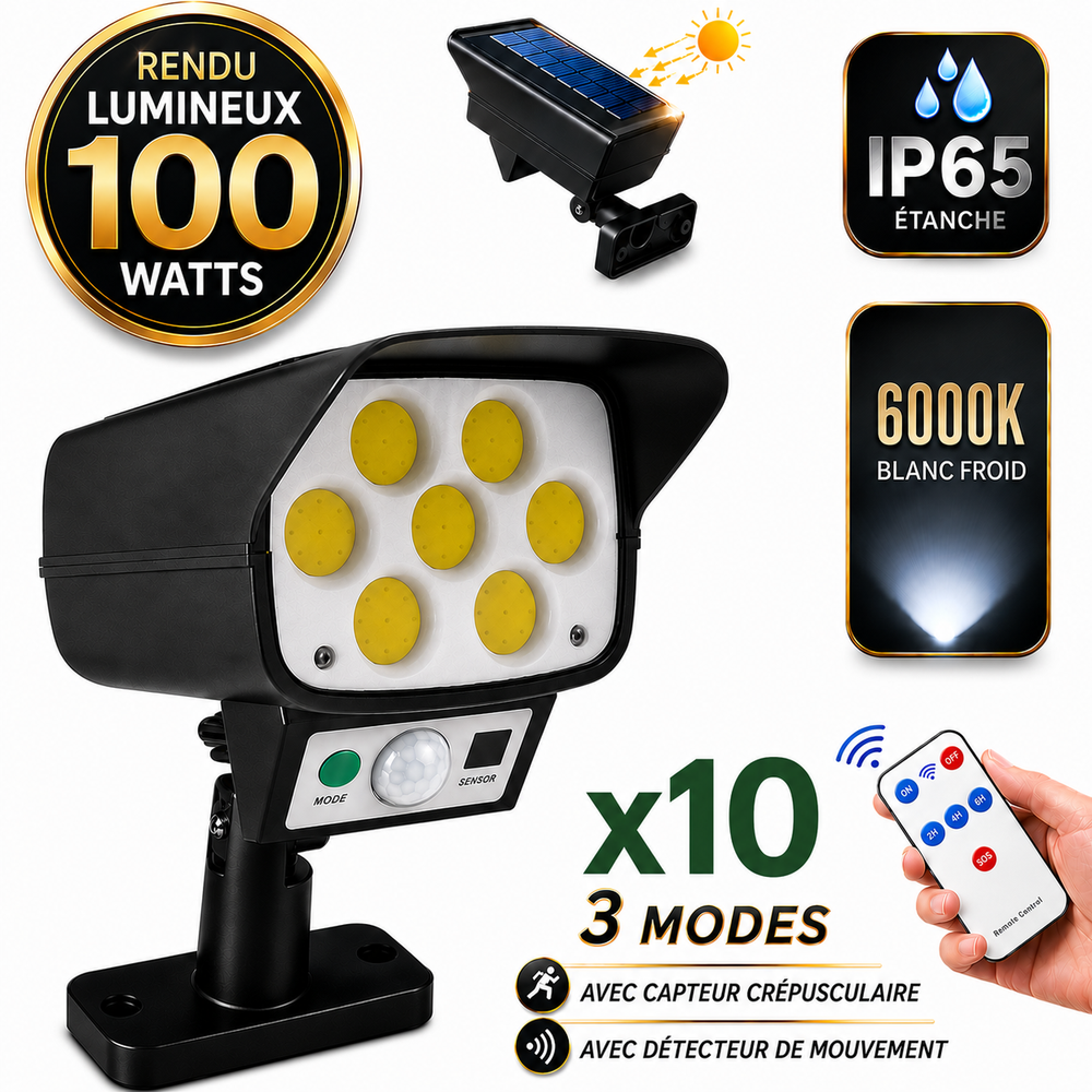 Pack de 10x Projecteurs LED solaires de sécurité - Série ILLUSION BLACK – Rendu lumineux 100 Watts - IP65 - 16 x 15 x 9 cm - 3 modes - Télécommande - Avec détecteur de mouvement – Fonction détection 0-100% - Avec capteur crépusculaire - 6000k