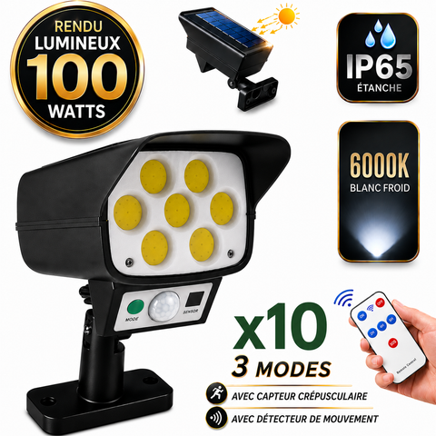 Pack de 10x Projecteurs LED solaires de sécurité - Série ILLUSION BLACK – Rendu lumineux 100 Watts - IP65 - 16 x 15 x 9 cm - 3 modes - Télécommande - Avec détecteur de mouvement – Fonction détection 0-100% - Avec capteur crépusculaire - 6000k