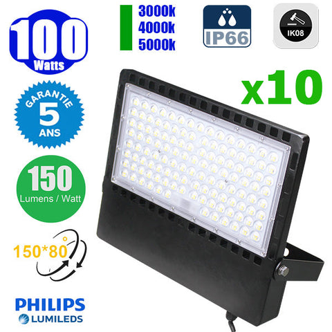 Pack de 10x Projecteurs LED filaires - Série CITY PLUS ULTRA - 100 Watts - 15 000 Lumens - 150 Lumens/Watt - Angle 150°*80° - IP66 - IK08 - 40 x 31 x 5 cm - Support ajustable 270° - Câble 50cm - 3000k/4000k/5000k au choix - Garantie 5 ans