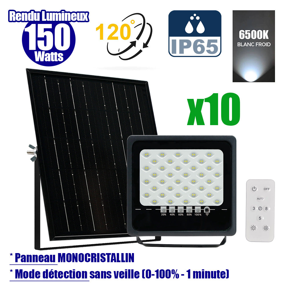 Pack de 10x Projecteurs LED solaires - Série SECURITY ULTRA - 150 Watts - 900 Lumens - Angle 120° - IP65 - Lampe 21 x 20 x 5 cm - Panneau solaire MONOCRISTALLIN 23 x 21 x 2 cm - Télécommande - 6500k - Mode de détection sans veille (0-100% - 1 minute)