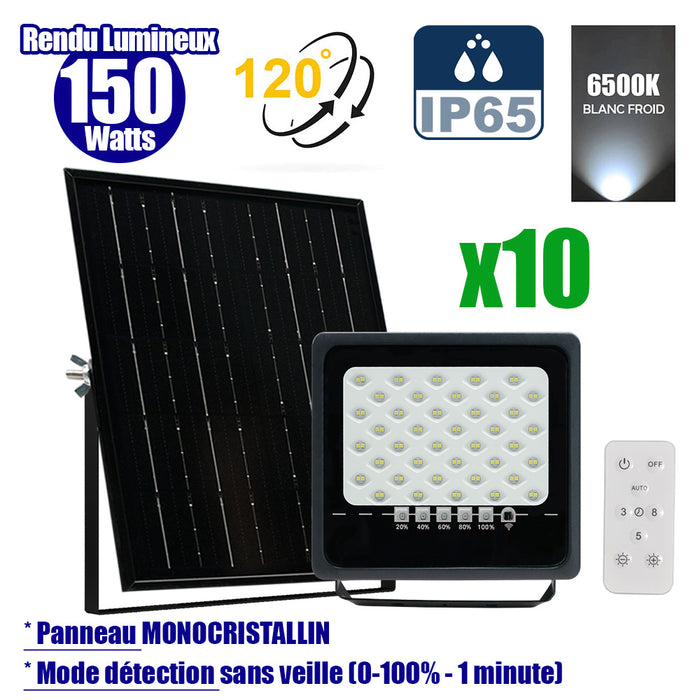Pack de 10x Projecteurs LED solaires - Série SECURITY ULTRA - 150 Watts - 900 Lumens - Angle 120° - IP65 - Lampe 21 x 20 x 5 cm - Panneau solaire MONOCRISTALLIN 23 x 21 x 2 cm - Télécommande - 6500k - Mode de détection sans veille (0-100% - 1 minute)