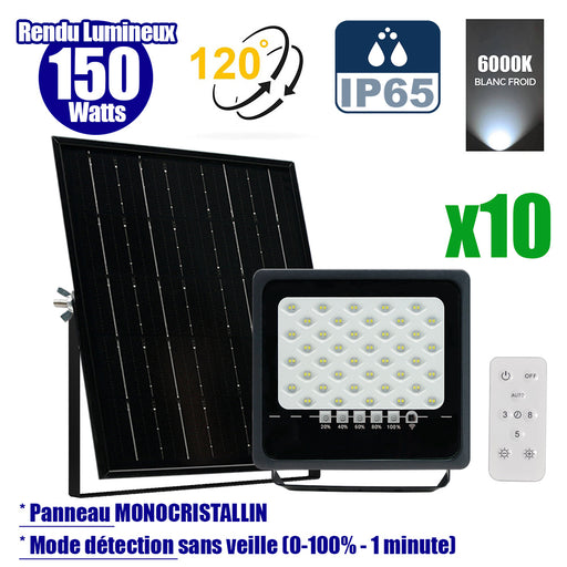 Pack de 10x Projecteurs LED solaires - Série SECURITY ULTRA - 150 Watts - 900 Lumens - Angle 120° - IP65 - Lampe 21 x 20 x 5 cm - Panneau solaire MONOCRISTALLIN 23 x 21 x 2 cm - Télécommande - 6000k - Mode de détection sans veille (0-100% - 1 minute)