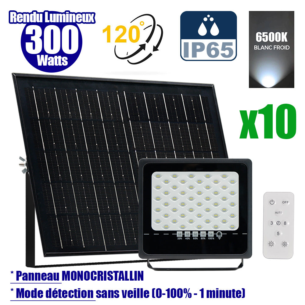 Pack de 10x Projecteurs LED solaires - Série SECURITY ULTRA - 300 Watts - 1500 Lumens - Angle 120° - IP65 - Lampe 24 x 23 x 5 cm - Panneau solaire MONOCRISTALLIN 38 x 24 x 2 cm - Télécommande - 6500k - Mode de détection sans veille (0-100% - 1 minute)