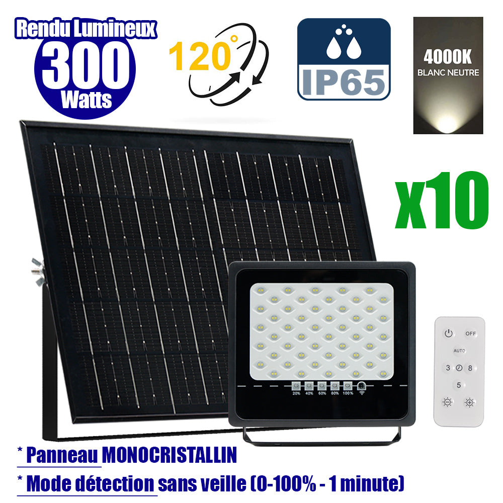 Pack de 10x Projecteurs LED solaires - Série SECURITY ULTRA - 300 Watts - 1500 Lumens - Angle 120° - IP65 - Lampe 24 x 23 x 5 cm - Panneau solaire MONOCRISTALLIN 38 x 24 x 2 cm - Télécommande - 4000k - Mode de détection sans veille (0-100% - 1 minute)