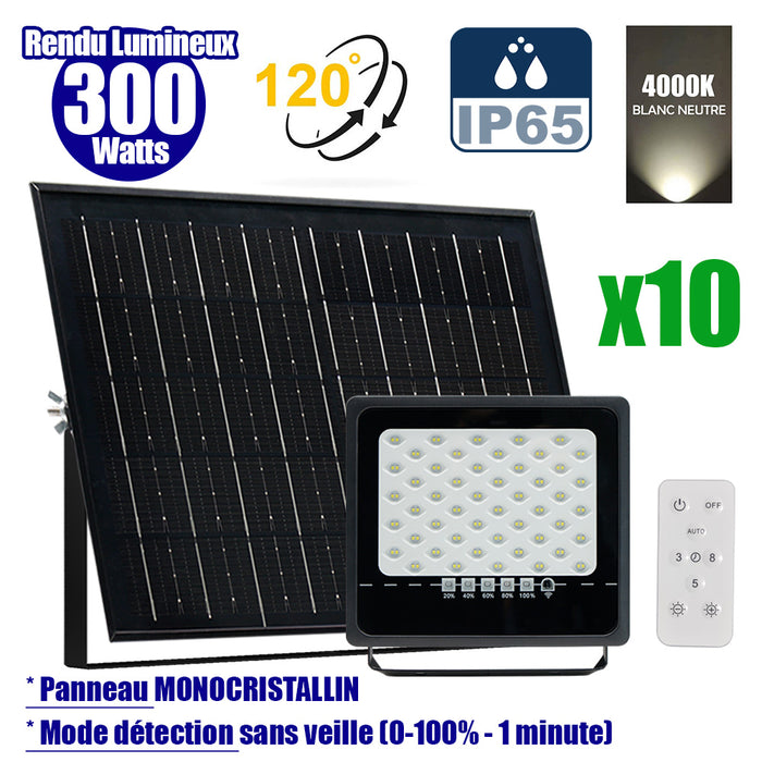 Pack de 10x Projecteurs LED solaires - Série SECURITY ULTRA - 300 Watts - 1500 Lumens - Angle 120° - IP65 - Lampe 24 x 23 x 5 cm - Panneau solaire MONOCRISTALLIN 38 x 24 x 2 cm - Télécommande - 4000k - Mode de détection sans veille (0-100% - 1 minute)