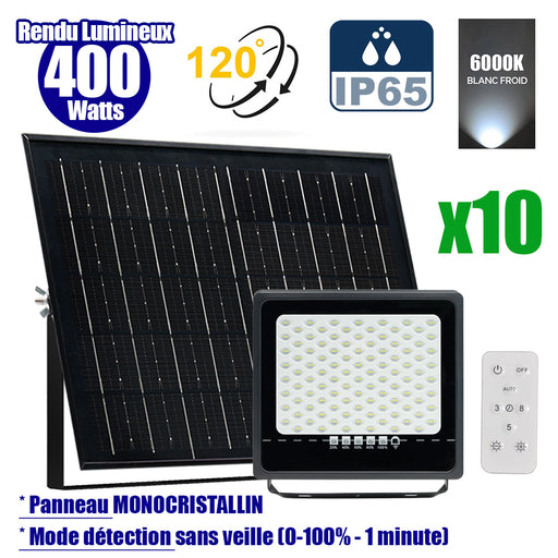 Pack de 10x Projecteurs LED solaires - Série SECURITY ULTRA - 400 Watts - 2000 Lumens - Angle 120° - IP65 - Lampe 28 x 25 x 5 cm - Panneau solaire MONOCRISTALLIN 42 x 33 x 3 cm - Télécommande - 6000k - Mode de détection sans veille (0-100% - 1 minute)