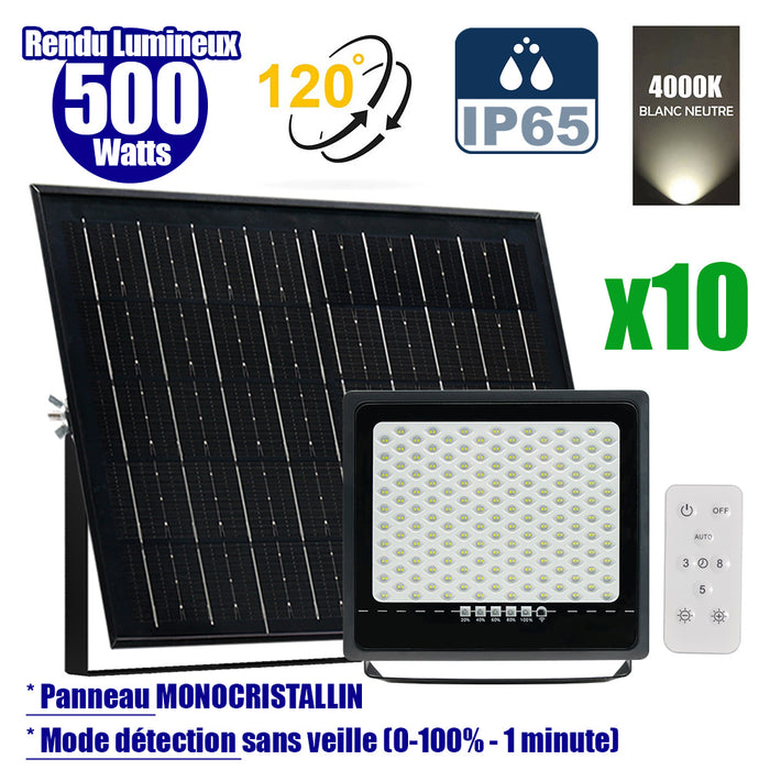 Pack de 10x Projecteurs LED solaires - Série SECURITY ULTRA - 500 Watts - 3000 Lumens - Angle 120° - IP65 - Lampe 32 x 32 x 5 cm - Panneau solaire MONOCRISTALLIN 42 x 38 x 3 cm - Télécommande - 4000k - Mode de détection sans veille (0-100% - 1 minute)