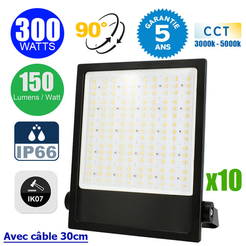 Pack de 10x Projecteurs LED filaires - CITY PLUS V3 - 300 Watts - CCT 3000k/4000k/5000k - 45 000 Lumens - 150 Lumens/Watt - Angle 90° - IP66 - Protection à l'impact IK07 - 48 x 34 x 6 cm - Structure en ALUMINIUM - Câble 30cm - Garantie 5 ans