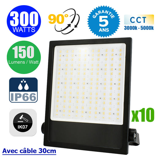Pack de 10x Projecteurs LED filaires - CITY PLUS V3 - 300W - CCT 3000k/4000k/5000k - 45 000 Lumens - 150 Lumens/Watt - Angle 90° - IP66 - Protection à l'impact IK07 - 48 x 34 x 6 cm - Structure en ALUMINIUM - Câble 30cm - Garantie 5 ans