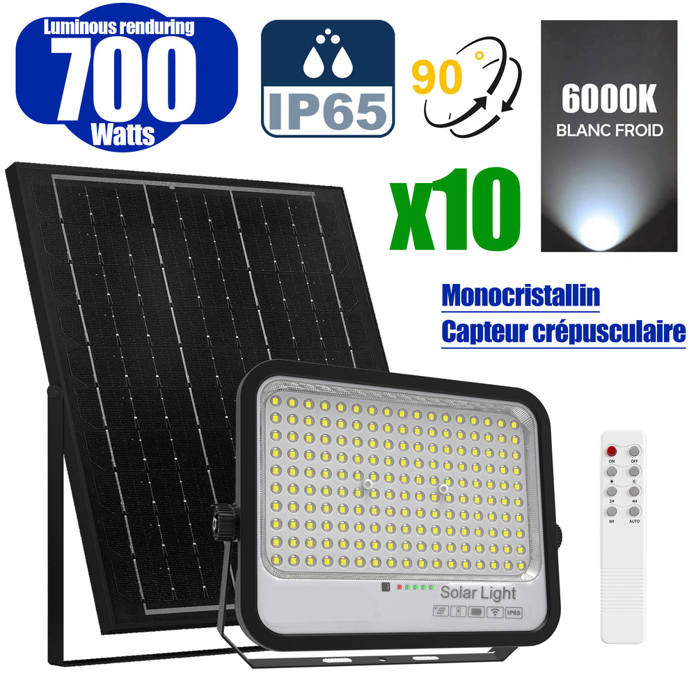 Pack de 10x Projecteurs LED solaires - Série PERFORMANCE - 700 Watts - 4000 Lumens - Angle 90° - IP65 - Lampe 32 x 26 x 5 cm - Panneau solaire 43 x 39 x 2 cm - MONOCRISTALLIN FULL BLACK - Télécommande - Capteur crépusculaire  - 6000k