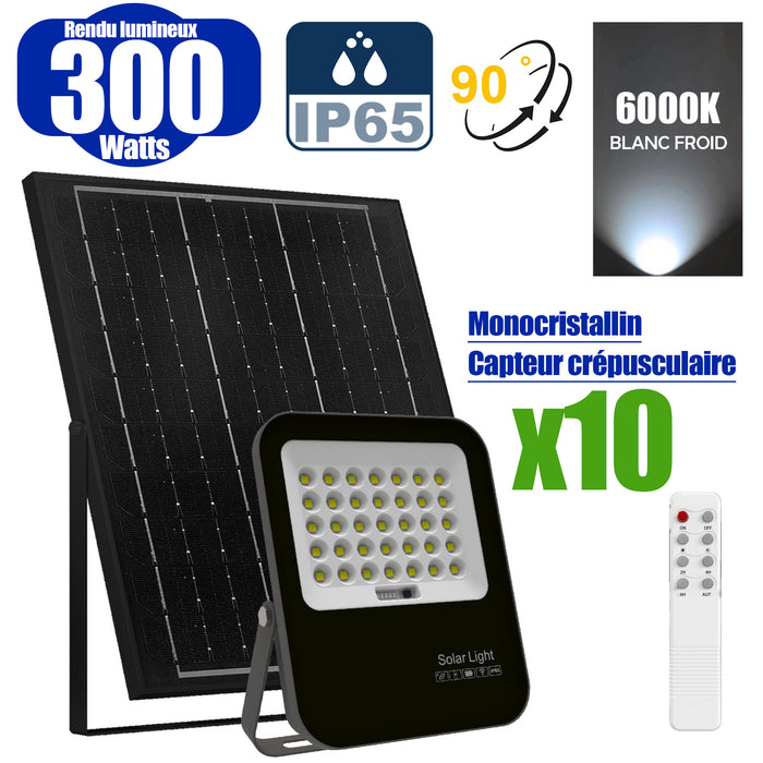 Pack de 10x Projecteurs LED solaires - Série BIG BOY V3 - 300 Watts - 1400 Lumens - 90° - IP65 - Lampe 23 x 19 x 5 cm - Modèle NOIR - Panneau solaire MONOCRISTALLIN FULL BLACK 21 x 30 x 2 cm - Télécommande - 6000k - Structure ALUMINIUM