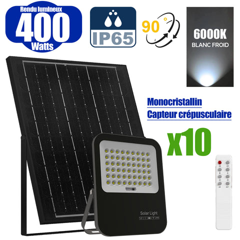 Pack de 10x Projecteurs LED solaires - Série BIG BOY V3 - 400 Watts - 2100 Lumens - 90° - IP65 - Lampe 28 x 23 x 5 cm - Modèle NOIR - Panneau solaire MONOCRISTALLIN FULL BLACK 39 x 30 x 2 cm - Télécommande - 6000k - Structure ALUMINIUM