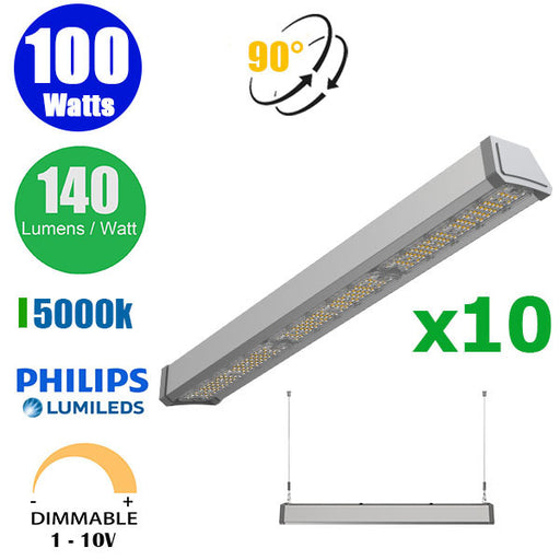 Pack de 10x Lampes industrielles linéaires - Série LINEAR ULTRA - 100 Watts - 14000 Lumens - 140 Lumens/watt - Angle 90°  - Dimmable - IP44 -  491 x 129 x 70 mm - 5000K