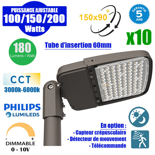 Pack de 10x Lampes de rue filaires - Série ULTIME P2 - CCT - Puissance ajustable 100 / 150 / 200 Watts - 180 Lumens/Watt - 53 x 30 x 6,5 cm - IP66 - Angle 150 x 90° - Tube d'insertion 60mm - Couleur Bronze foncé - Dimmable – Angle rotatif - Garantie 5 ans