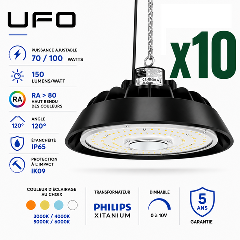 Pack de 10x Lampes industrielles UFO - Série LIGHT V3 - Puissance ajustable 70 / 100 Watts - 15 000 Lumens - 150 Lumens/Watt - Angle 120° - IP65 - IK09 - 238 x 122 mm - Dimmable 0-10V - Transformateur PHILIPS - Garantie 5 ans