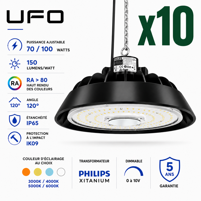 Pack de 10x Lampes industrielles UFO - Série LIGHT V3 - Puissance ajustable 70 / 100 Watts - 15 000 Lumens - 150 Lumens/Watt - Angle 120° - IP65 - IK09 - 238 x 122 mm - Dimmable 0-10V - Transformateur PHILIPS - Garantie 5 ans