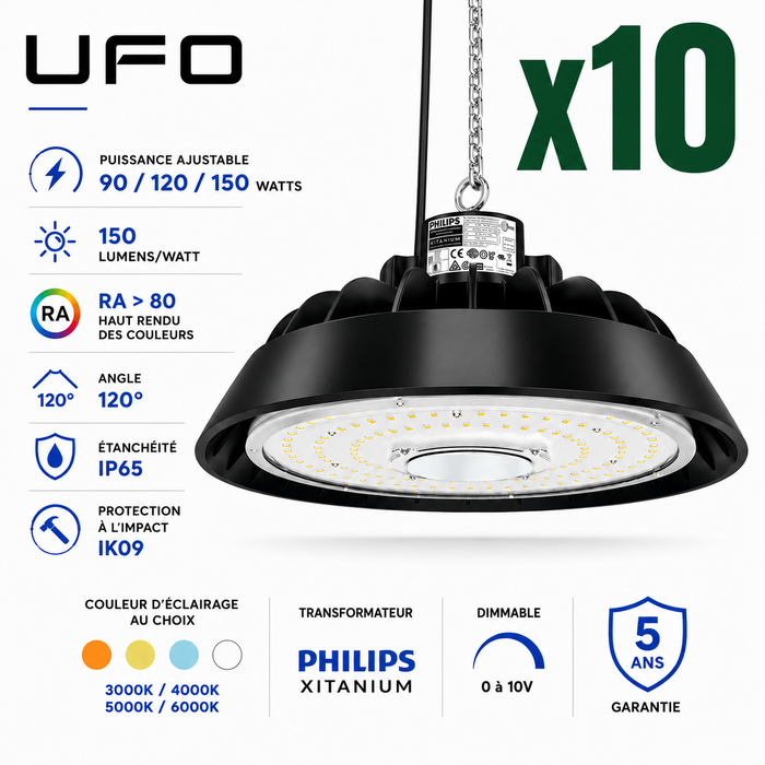 Pack de 10x Lampes industrielles UFO - Série LIGHT V3 - Puissance ajustable 90 / 120 / 150 Watts - 22 500 Lumens - 150 Lumens/Watt - Angle 120° - IP65 - IK09 - 283 x 128 mm - Dimmable 0-10V - Transformateur PHILIPS - Garantie 5 ans