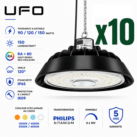 Pack de 10x Lampes industrielles UFO - Série LIGHT V3 - Puissance ajustable 90 / 120 / 150 Watts - 22 500 Lumens - 150 Lumens/Watt - Angle 120° - IP65 - IK09 - 283 x 128 mm - Dimmable 0-10V - Transformateur PHILIPS - Garantie 5 ans