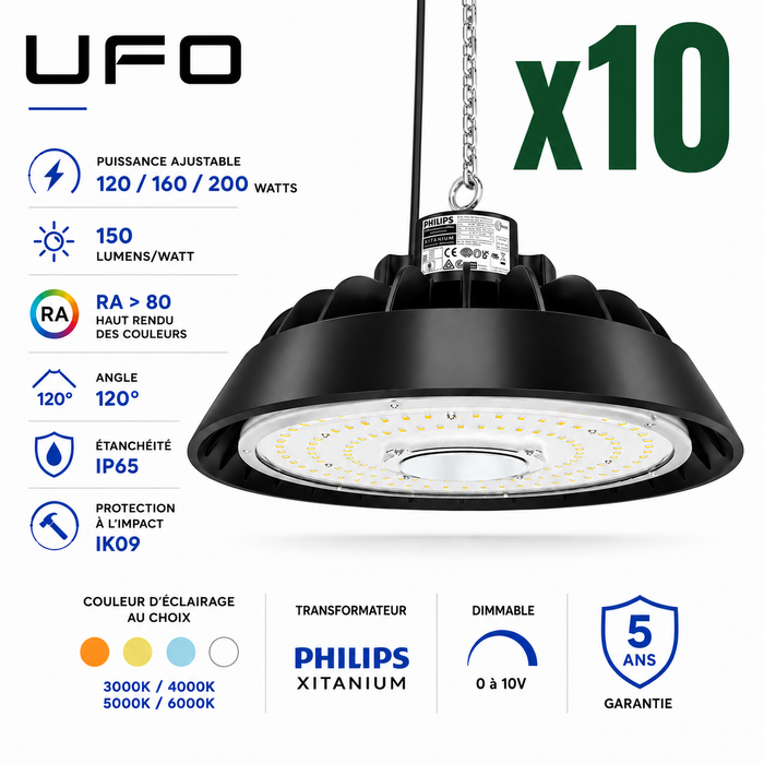 Pack de 10x Lampes industrielles UFO - Série LIGHT V3 - Puissance ajustable 120 / 160 / 200 Watts - 30 000 Lumens - 150 Lumens/Watt - Angle 120° - IP65 - IK09 - 324 x 136 mm - Dimmable 0-10V - Transformateur PHILIPS - Garantie 5 ans
