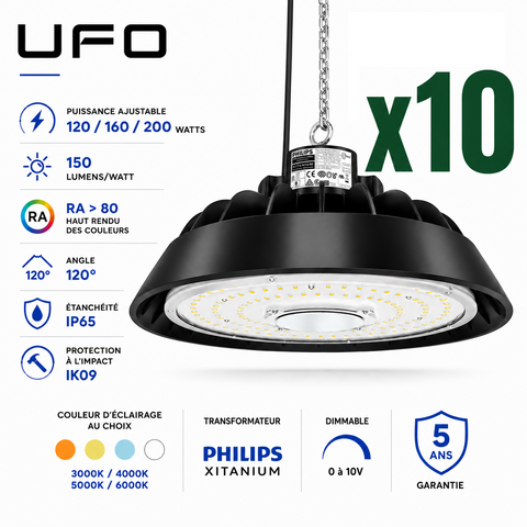 Pack de 10x Lampes industrielles UFO - Série LIGHT V3 - Puissance ajustable 120 / 160 / 200 Watts - 30 000 Lumens - 150 Lumens/Watt - Angle 120° - IP65 - IK09 - 324 x 136 mm - Dimmable 0-10V - Transformateur PHILIPS - Garantie 5 ans