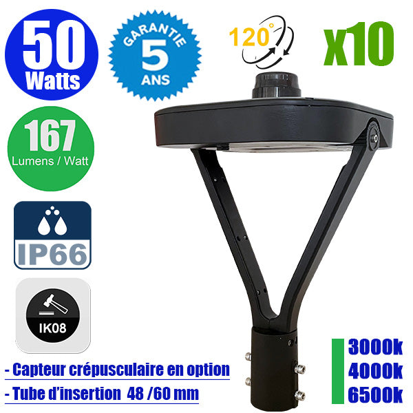 Pack de 10x Lampes de jardin et parking filaires - Série OVALI V3 - 50 Watts - 8350 Lumens - 167 Lumens/watt - IK08 - IP66 - 120° ajustable - 3000k/4000k/6500k au choix - Tube d’insertion 48 / 60mm - Capteur crépusculaire en option - Garantie 5 ans