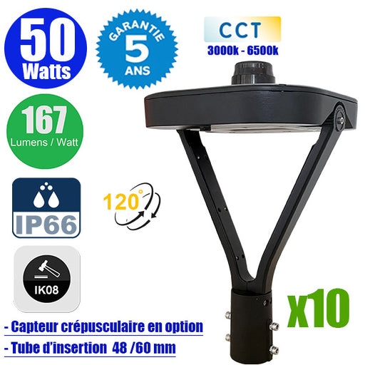 Pack 10x Lampes de jardin et parking filaires CCT - Série OVALI V3 - 50 Watts - 8350 Lumens - 167 Lumens/watt - IK08 - IP66 - 120° ajustable - 44 x 30 x 30 cm - Tube d’insertion 48 / 60mm - Capteur crépusculaire en option - Garantie 5 ans