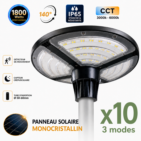 Pack de 10x Lampes solaires pour extérieur - Série OVNI FUTUR V3 - MODULAIRE & CCT - 1800 Watts - 4800 Lumens - IP65 - Angle 140° - 40 x 14 cm - Panneau MONOCRISTALLIN - Tube d'insertion 50-60mm - Avec Détecteur de mouvement - Avec Télécommande