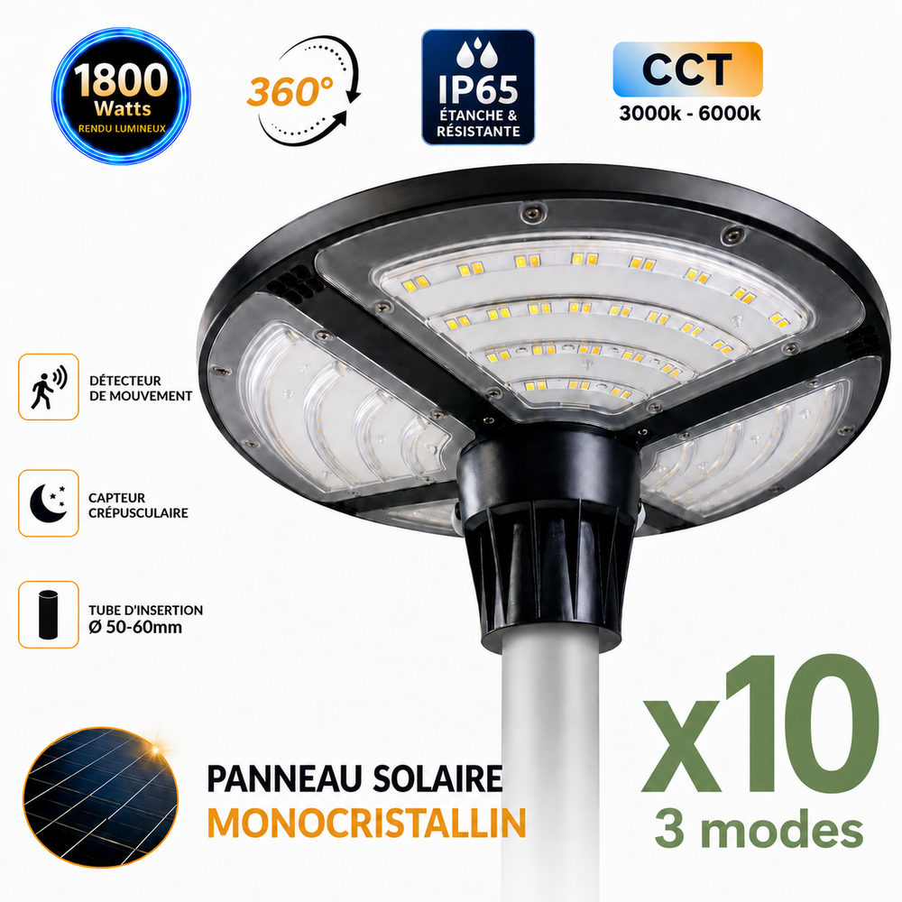 Pack de 10x Lampes solaires pour extérieur - Série OVNI FUTUR V3 - MODULAIRE & CCT - 1800 Watts - 4800 Lumens - IP65 - Angle 360° - 40 x 14 cm - Panneau MONOCRISTALLIN - Diamètre tube d'insertion 50-60mm - Avec Détecteur de mouvement - Avec Télécommande